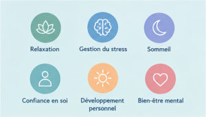 Illustrations des bienfaits de l’autohypnose : relaxation, gestion du stress, sommeil et bien-être mental