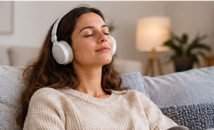 Femme écoutant une séance d’autohypnose avec un casque audio pour se détendre